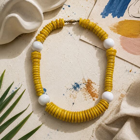 vintage Jewelry - Vintage 80s/90s Yellow Wood Bead Statement Necklace Boho Retro Chunky Jewelry